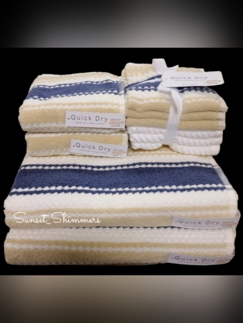10pc Quick Dry Tan Navy 100% Zero Twist Cotton Bath Hand Washcloth Towel Set